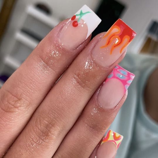 Full set of acrylic extensions with nail art 🌼🔥🌈🍒🍓 portfolio